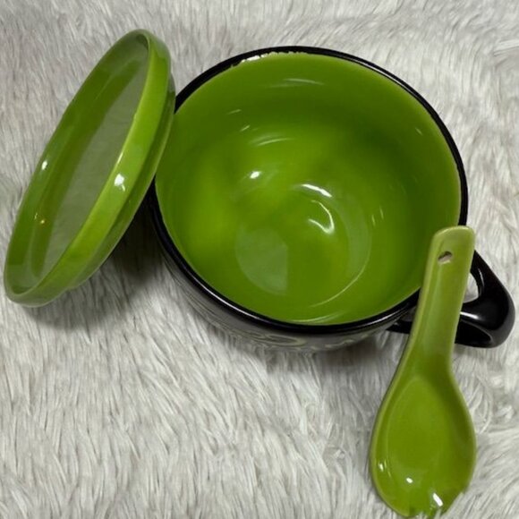 NWOT Soup Time Lime Green Black Soup Snack Tray Top Ceramic Mug with Spoon - Picture 8 of 12